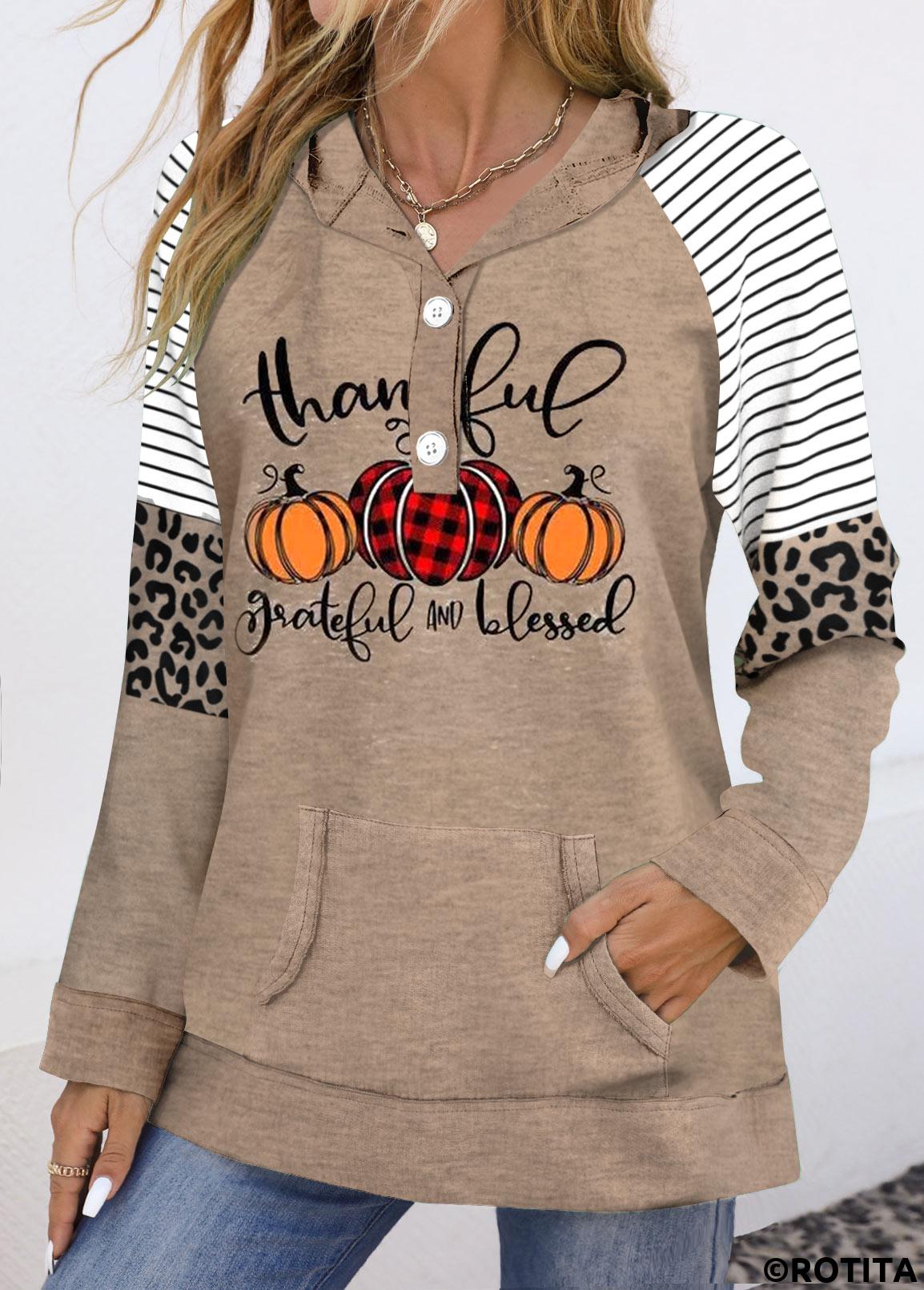 Light Coffee tops,Halloween tops,Striped tops,Geometric tops,Leopard tops,ROTITA Patchwork Halloween Print Light Coffee Long Sleeve Hoodie