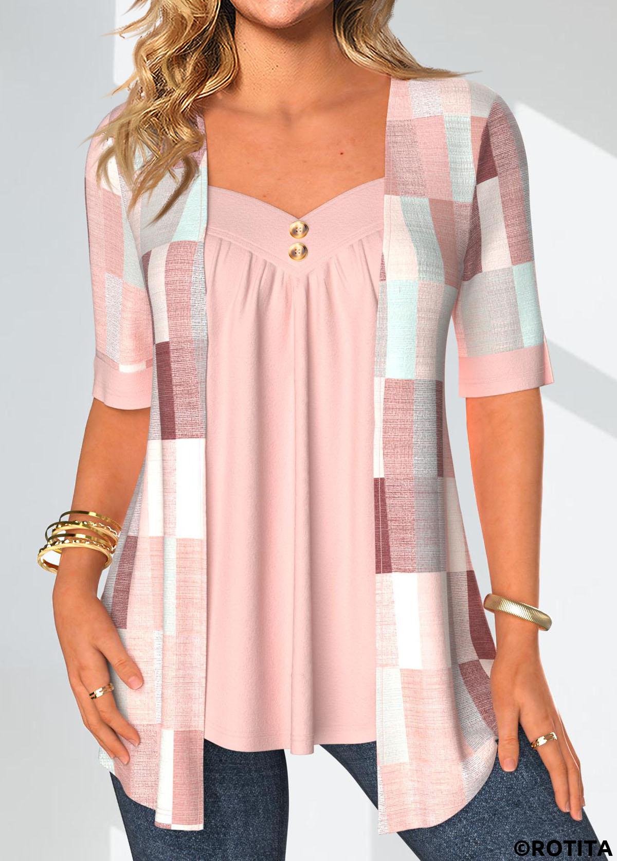 Light Pink tops,Geometric tops,Striped tops,Plaid tops,ROTITA Patchwork Geometric Print Light Pink Fake Two Piece Twinset
