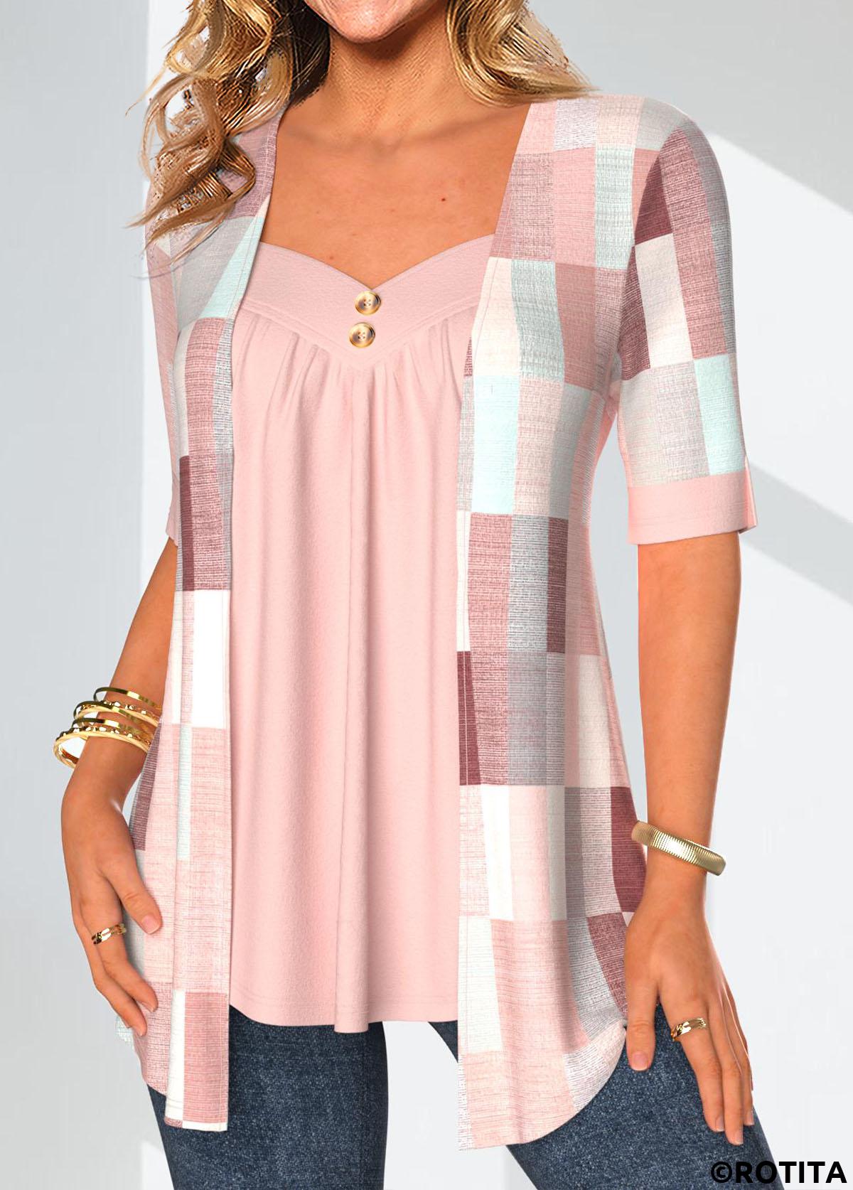 Light Pink tops,Geometric tops,Striped tops,Plaid tops,ROTITA Patchwork Geometric Print Light Pink Fake Two Piece Twinset