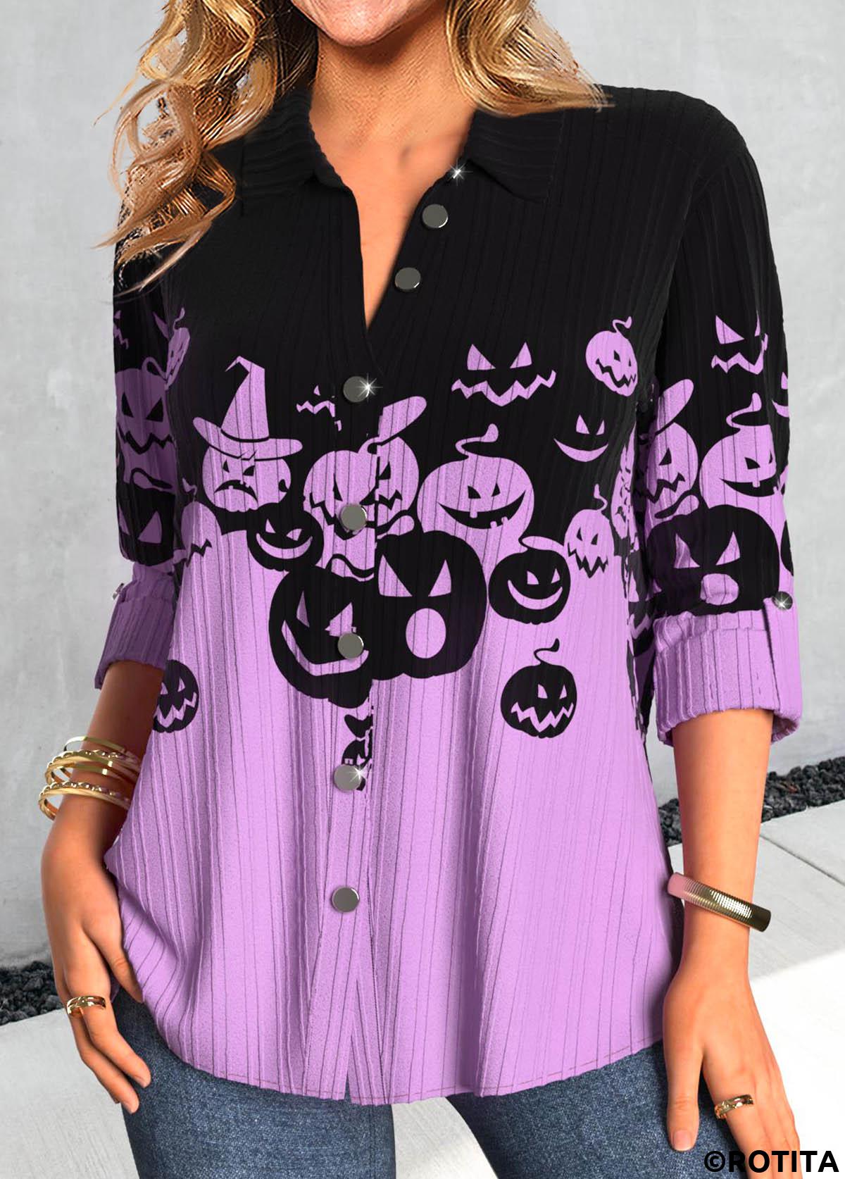 Purple tops,Black tops,Halloween tops,ROTITA Halloween Button Purple Shirt Collar Long Sleeve Blouse