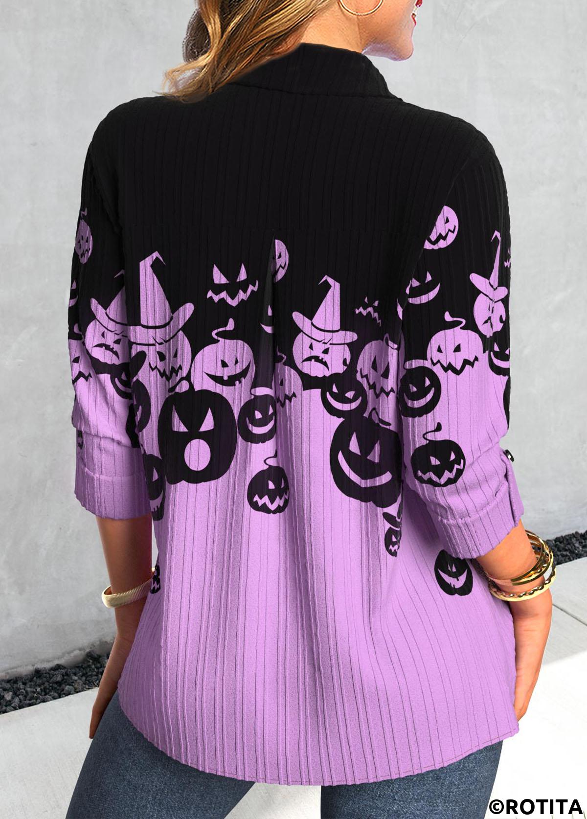 Purple tops,Black tops,Halloween tops,ROTITA Halloween Button Purple Shirt Collar Long Sleeve Blouse