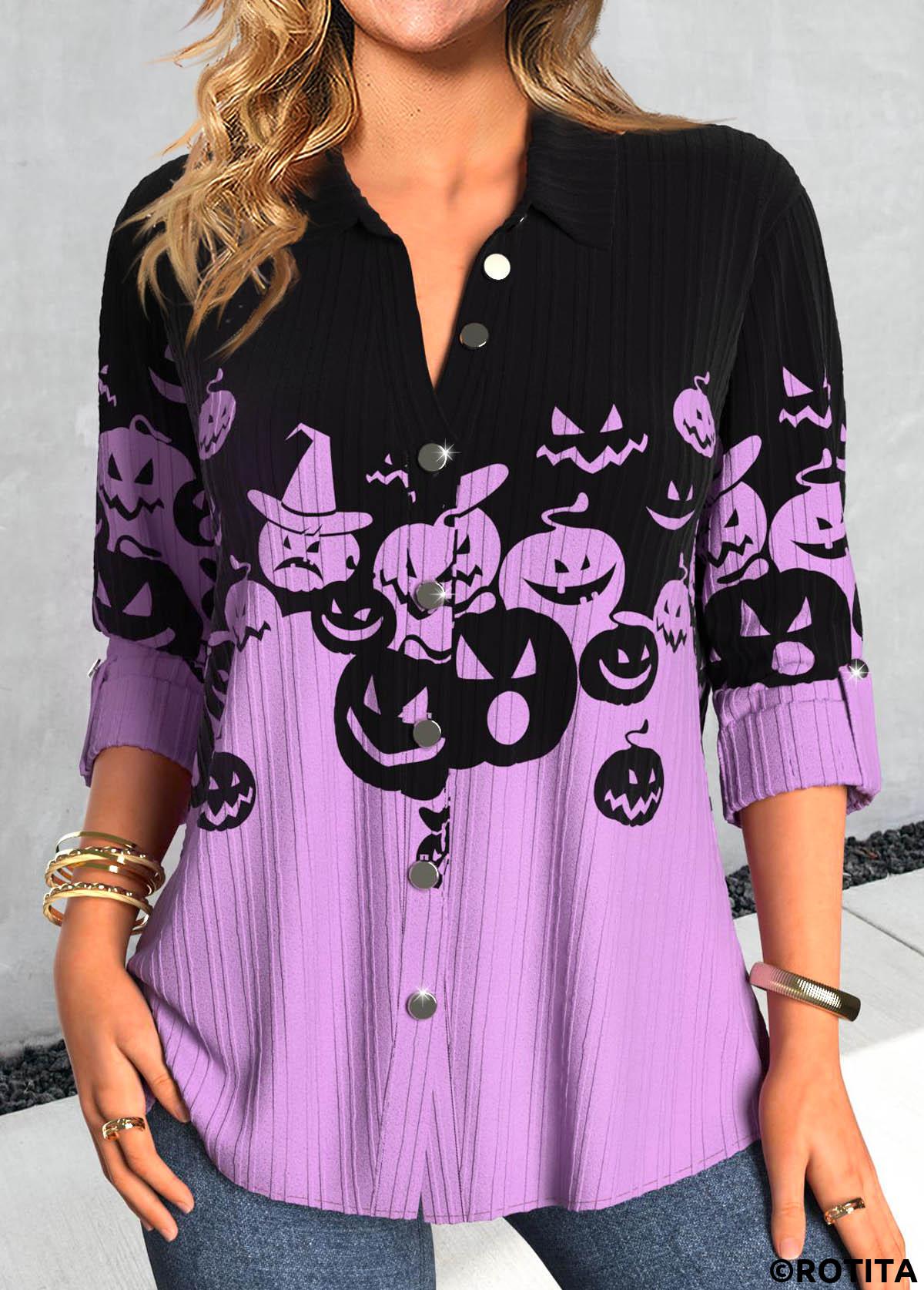 Purple tops,Black tops,Halloween tops,ROTITA Halloween Button Purple Shirt Collar Long Sleeve Blouse