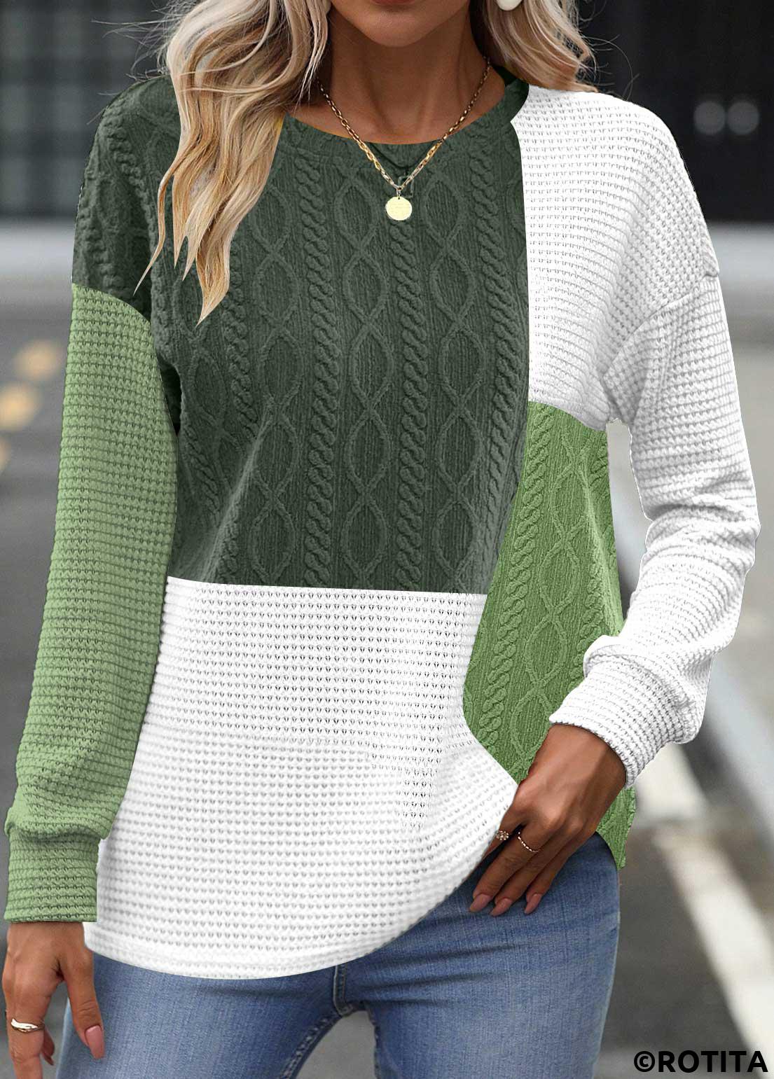 Blackish Green tops,White tops,Contrast Color tops,ROTITA Patchwork Blackish Green Round Neck Long Sleeve Sweatshirt