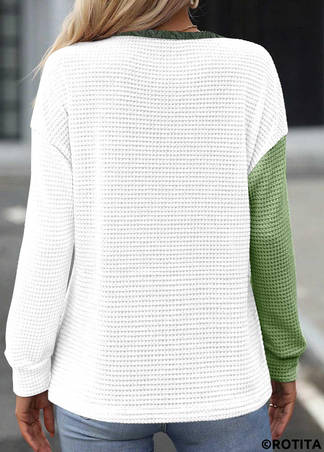 Blackish Green tops,White tops,Contrast Color tops,ROTITA Patchwork Blackish Green Round Neck Long Sleeve Sweatshirt