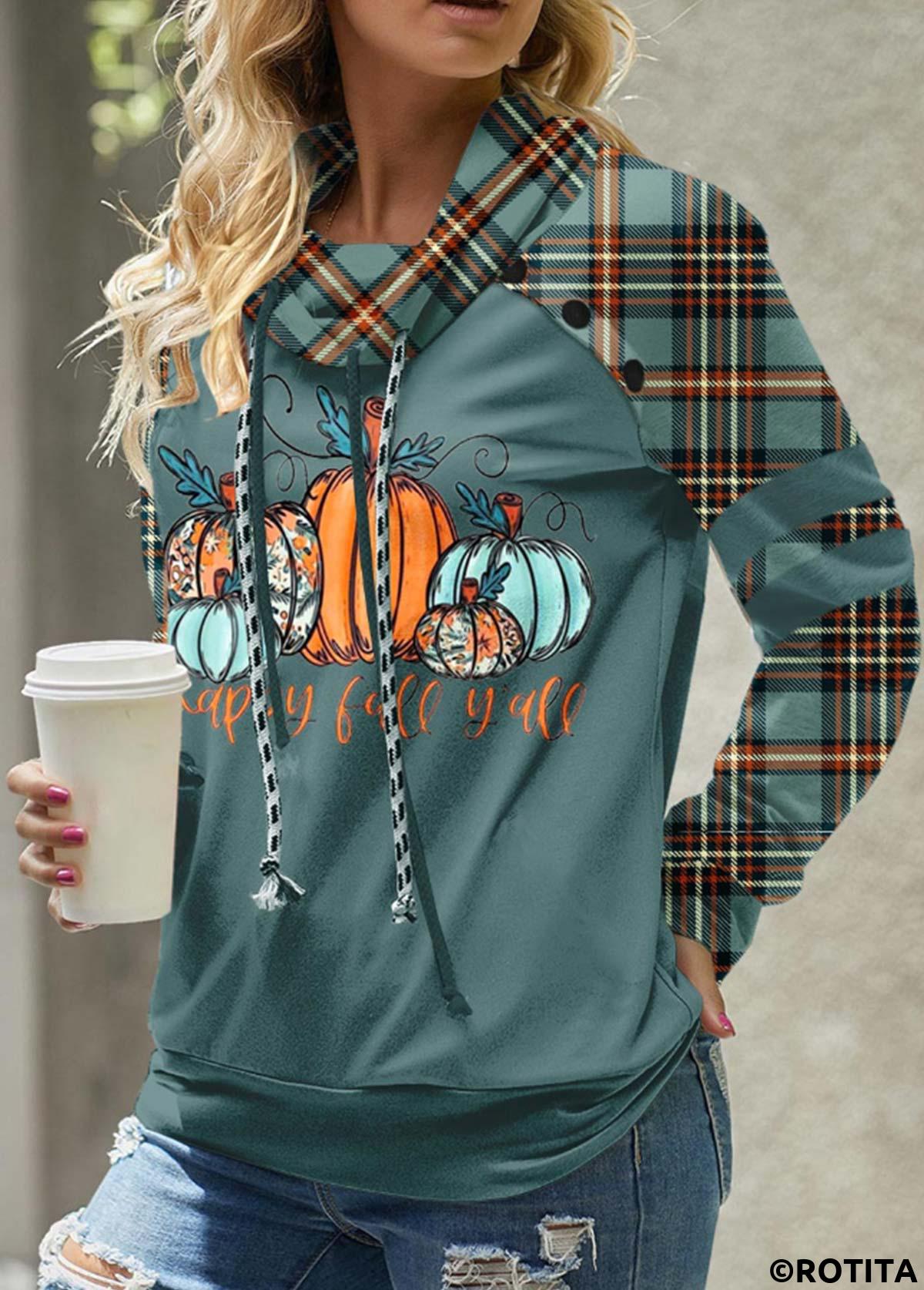 Turquoise tops,Plaid tops,Striped tops,Geometric tops,Letter tops,ROTITA Patchwork Plaid Turquoise Cowl Neck Long Sleeve Sweatshirt