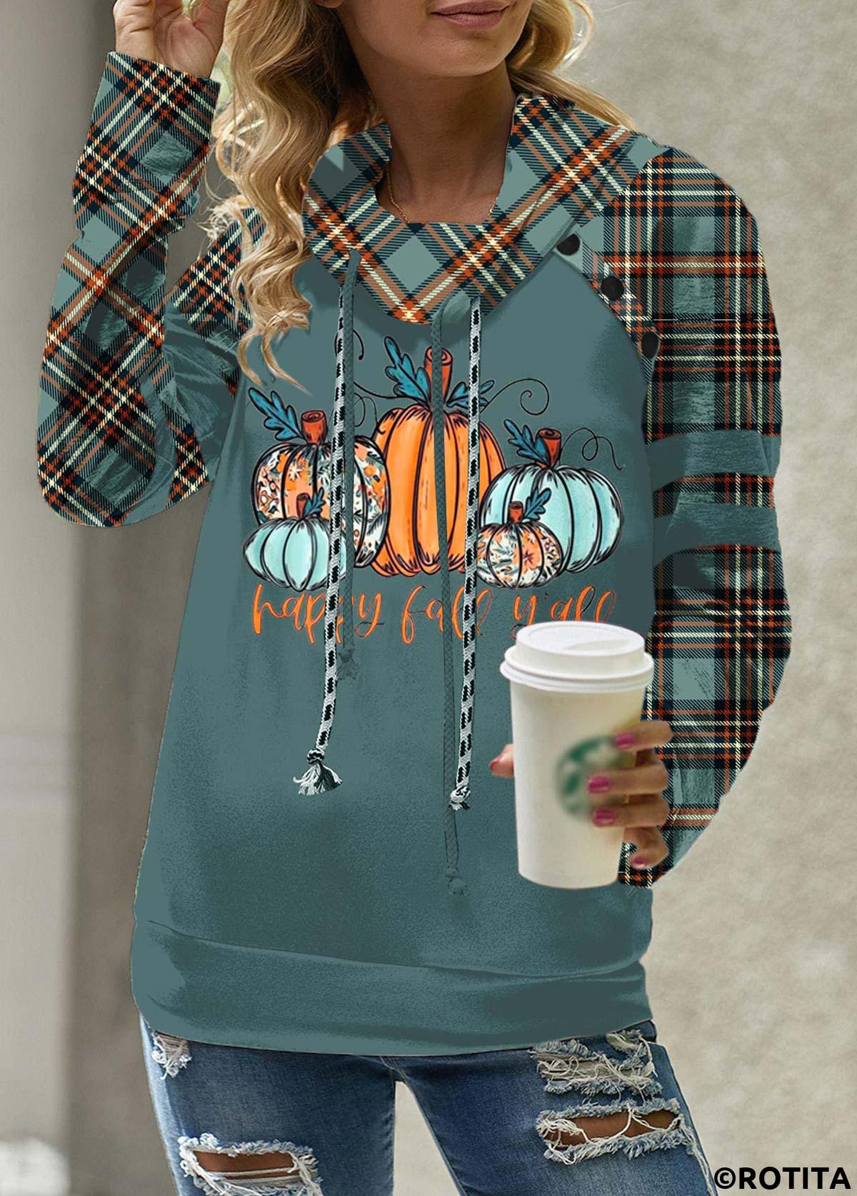 Turquoise tops,Plaid tops,Striped tops,Geometric tops,Letter tops,ROTITA Patchwork Plaid Turquoise Cowl Neck Long Sleeve Sweatshirt