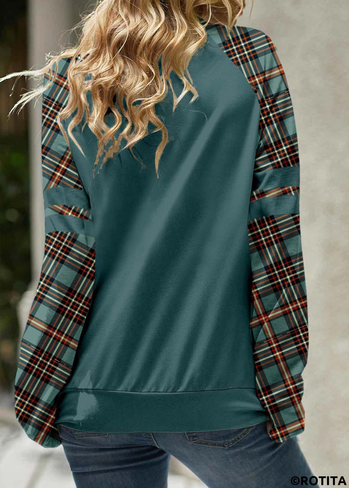 Turquoise tops,Plaid tops,Striped tops,Geometric tops,Letter tops,ROTITA Patchwork Plaid Turquoise Cowl Neck Long Sleeve Sweatshirt