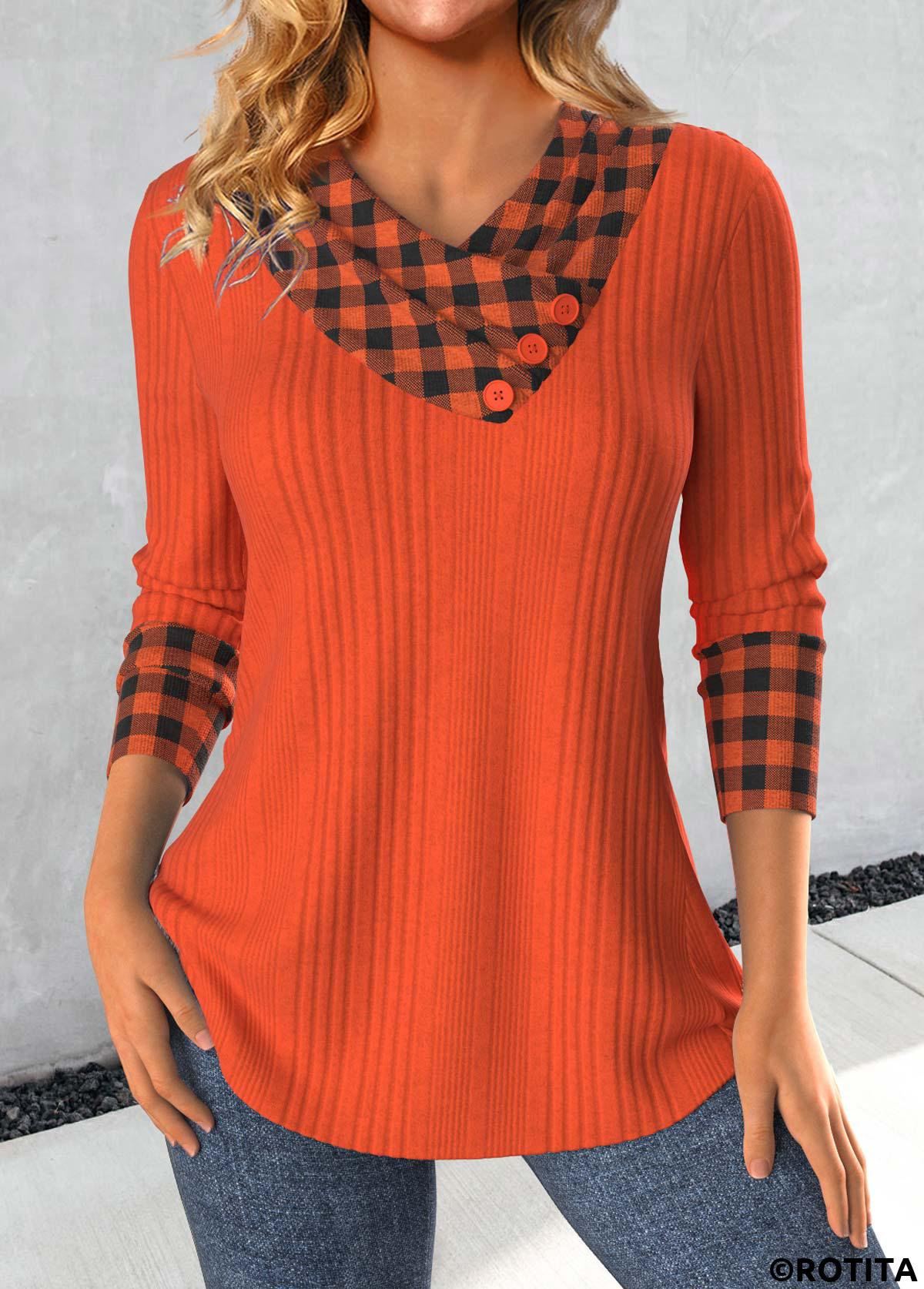 Brick Red tops,Plaid tops,Striped tops,Geometric tops,ROTITA Patchwork Plaid Brick Red Asymmetrical Neck Sweatshirt