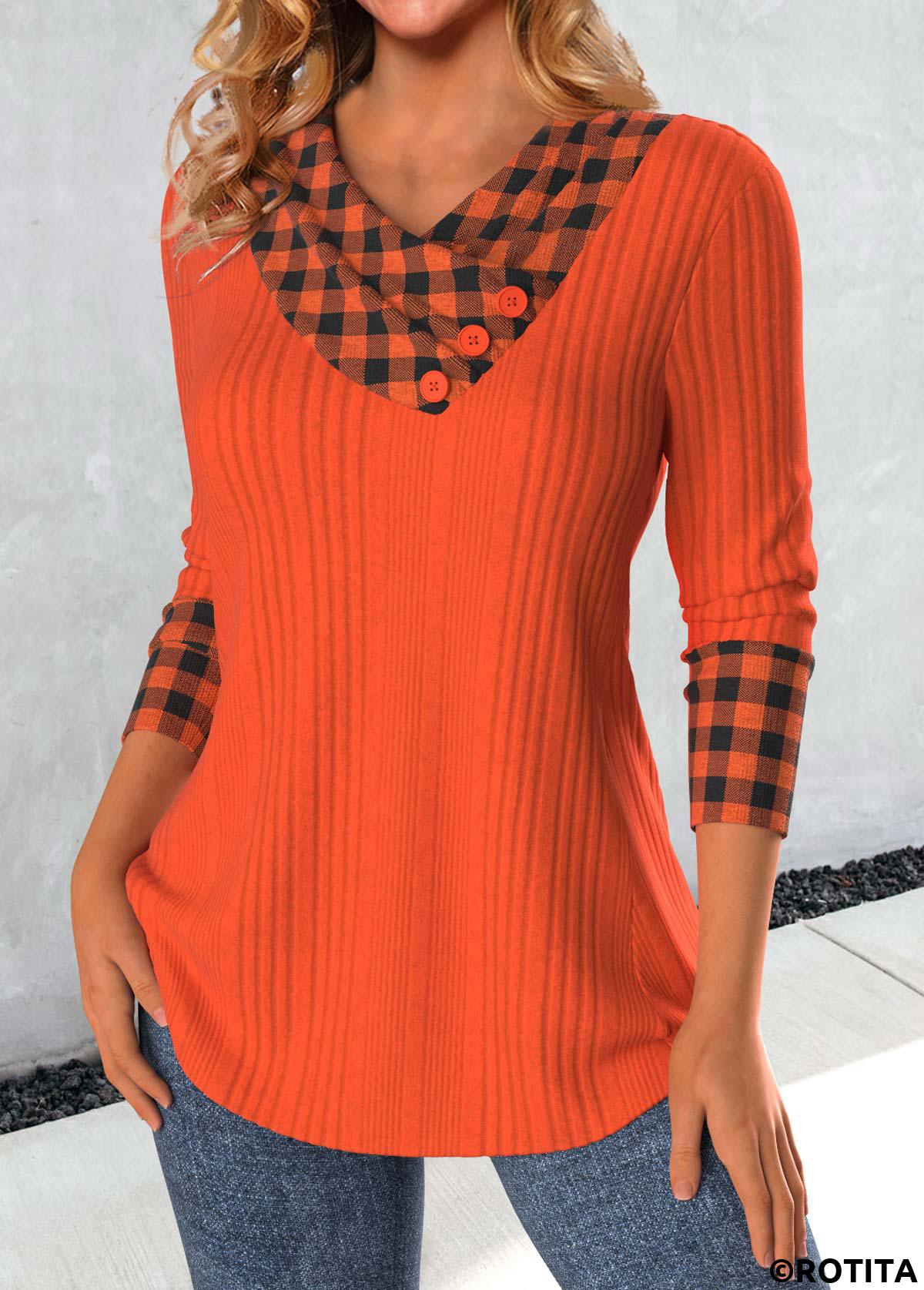 Brick Red tops,Plaid tops,Striped tops,Geometric tops,ROTITA Patchwork Plaid Brick Red Asymmetrical Neck Sweatshirt