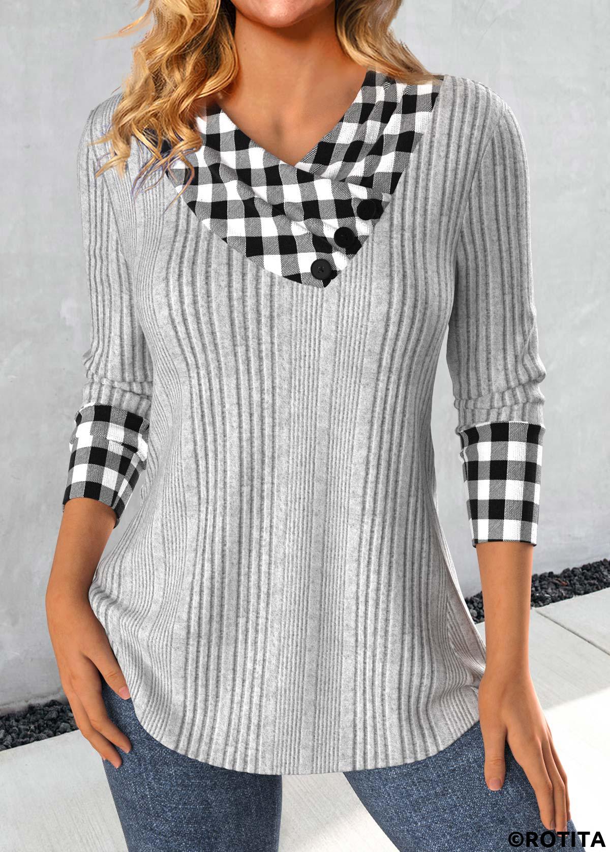 Light Grey tops,Plaid tops,Striped tops,Geometric tops,ROTITA Patchwork Plaid Light Grey Asymmetrical Neck Sweatshirt