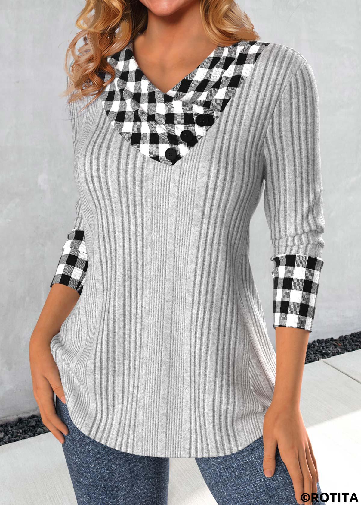 Light Grey tops,Plaid tops,Striped tops,Geometric tops,ROTITA Patchwork Plaid Light Grey Asymmetrical Neck Sweatshirt