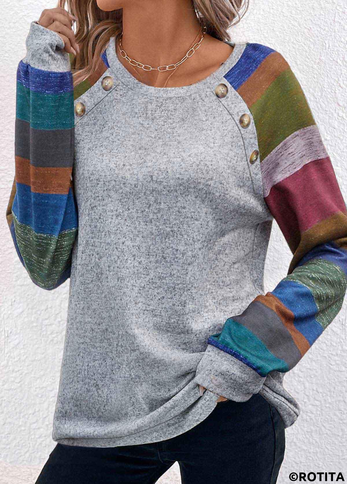 Light Grey Marl plus size,Rainbow Color plus size,Striped plus size,ROTITA Plus Size Button Light Grey Marl T Shirt