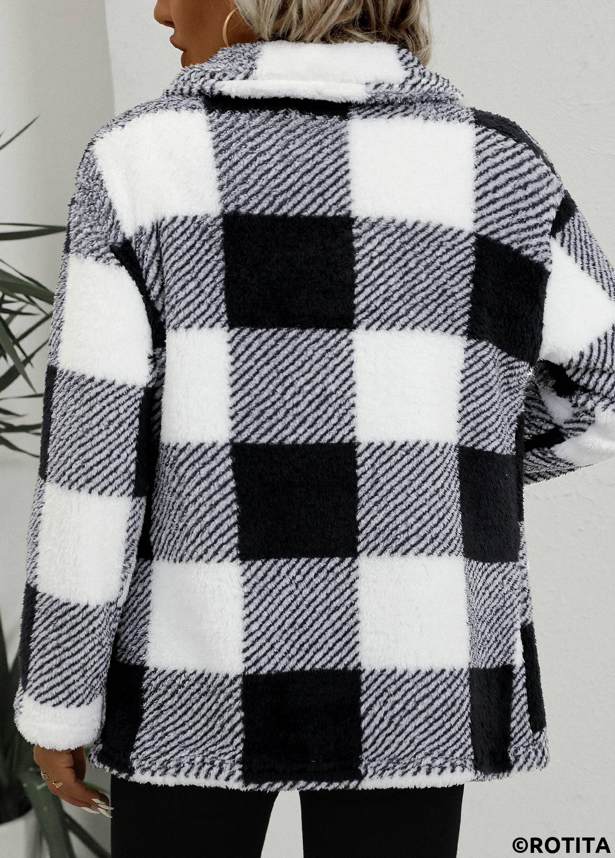 Black tops,White tops,Plaid tops,Geometric tops,Striped tops,ROTITA Pocket Plaid Black Turn Down Collar Coat
