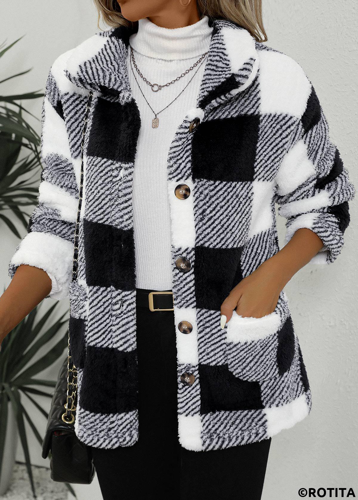Black tops,White tops,Plaid tops,Geometric tops,Striped tops,ROTITA Pocket Plaid Black Turn Down Collar Coat