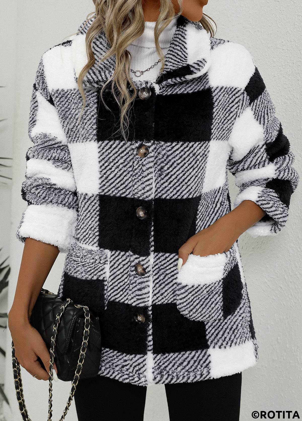 Black tops,White tops,Plaid tops,Geometric tops,Striped tops,ROTITA Pocket Plaid Black Turn Down Collar Coat
