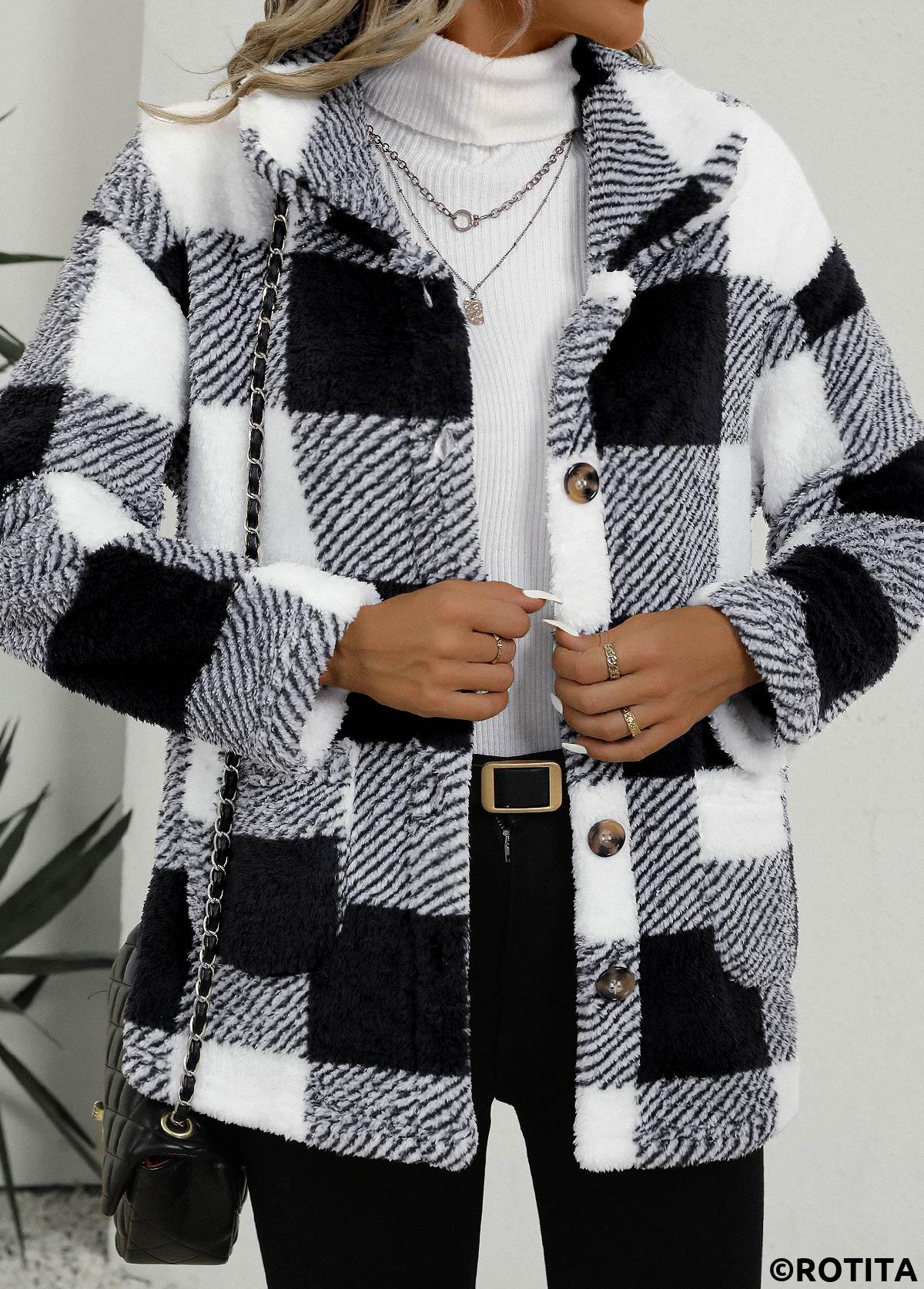 Black tops,White tops,Plaid tops,Geometric tops,Striped tops,ROTITA Pocket Plaid Black Turn Down Collar Coat