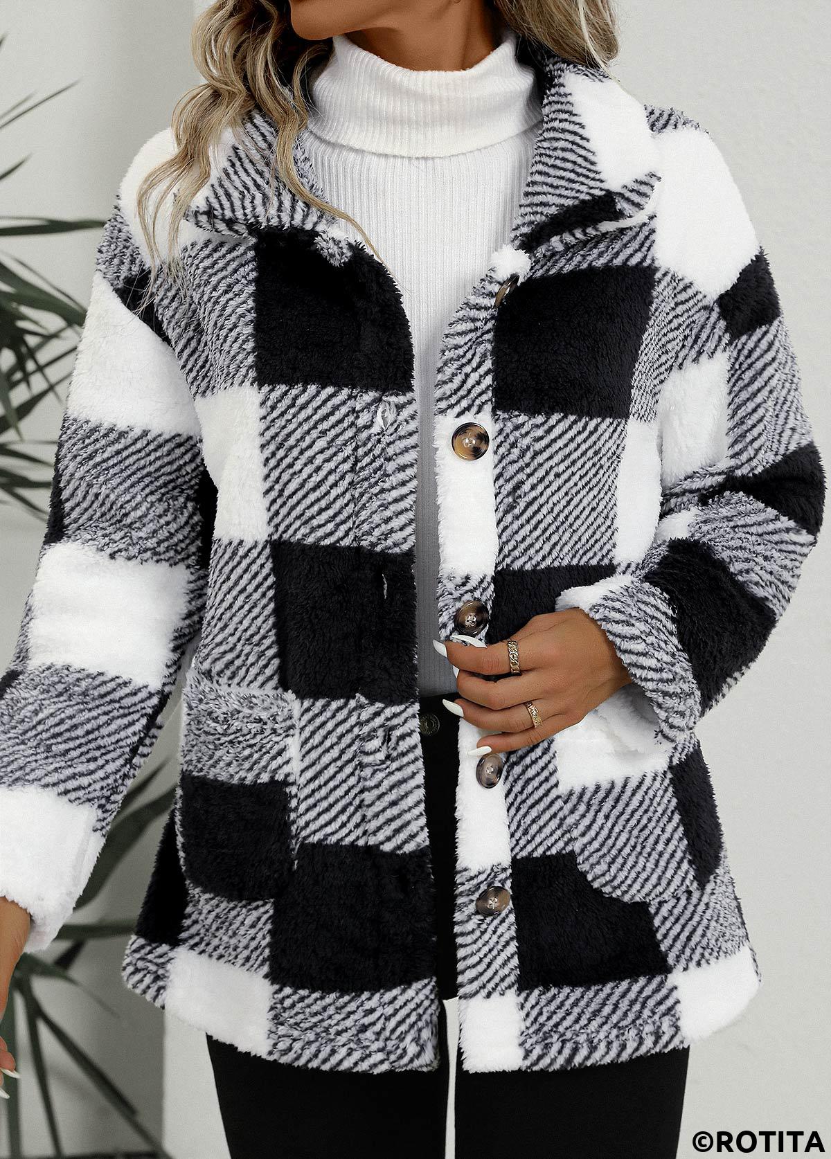Black tops,White tops,Plaid tops,Geometric tops,Striped tops,ROTITA Pocket Plaid Black Turn Down Collar Coat