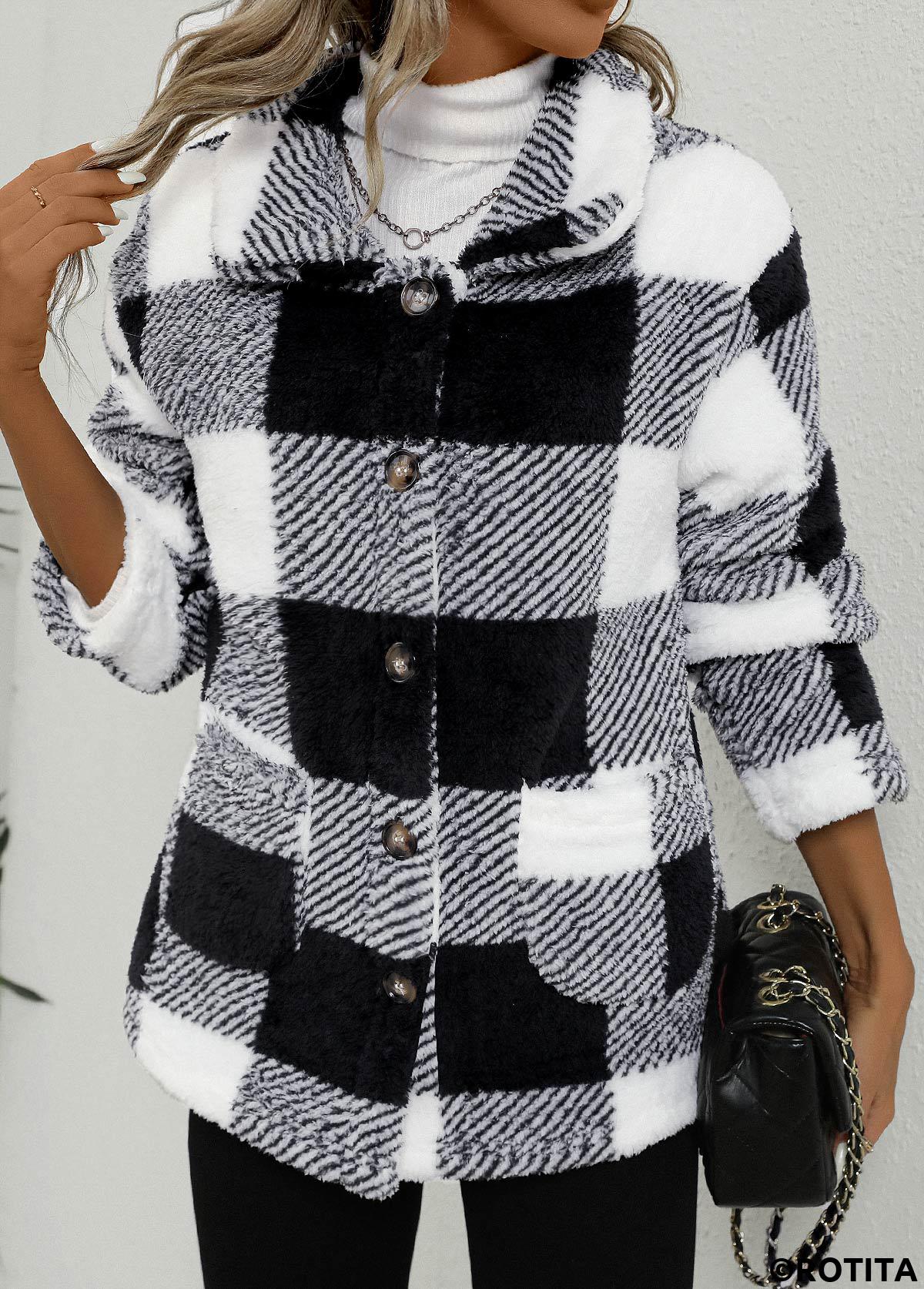 Black tops,White tops,Plaid tops,Geometric tops,Striped tops,ROTITA Pocket Plaid Black Turn Down Collar Coat