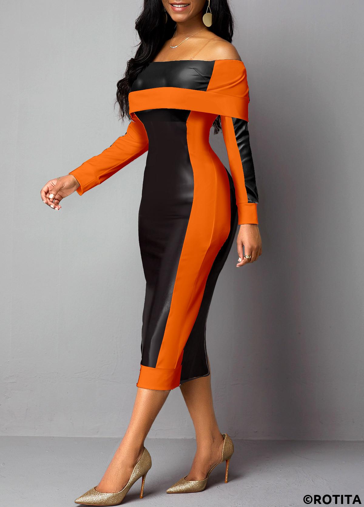 Orange dresses,Black dresses,Contrast Color dresses,Party dresses,Elegant dresses,ROTITA Faux Leather Off Shoulder Orange Bodycon Dress