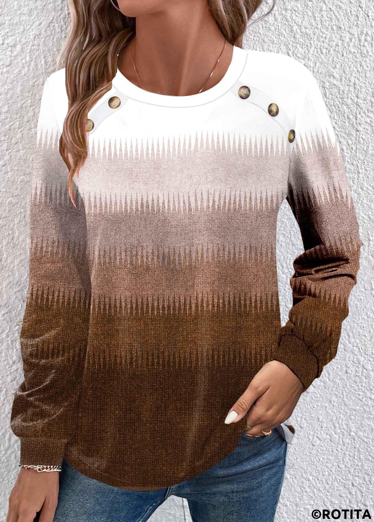 Dark Camel tops,Ombre tops,Chevron tops,ROTITA Button Ombre Dark Camel Round Neck T Shirt