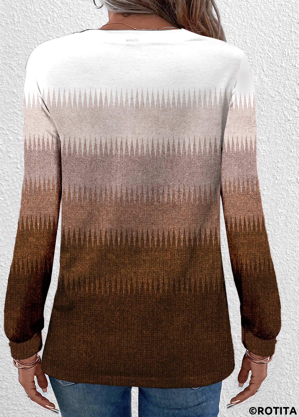 Dark Camel tops,Ombre tops,Chevron tops,ROTITA Button Ombre Dark Camel Round Neck T Shirt