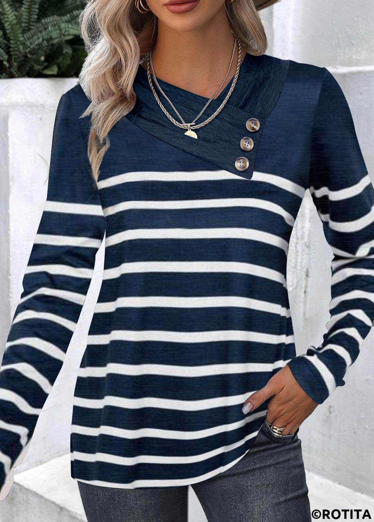 Navy tops,White tops,Striped tops,Geometric tops,ROTITA Button Striped Navy Asymmetrical Neck T Shirt