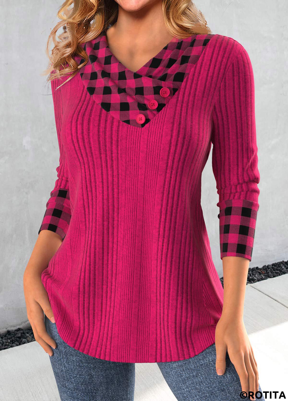 Hot Pink tops,Plaid tops,Striped tops,Geometric tops,ROTITA Patchwork Plaid Hot Pink Asymmetrical Neck Sweatshirt