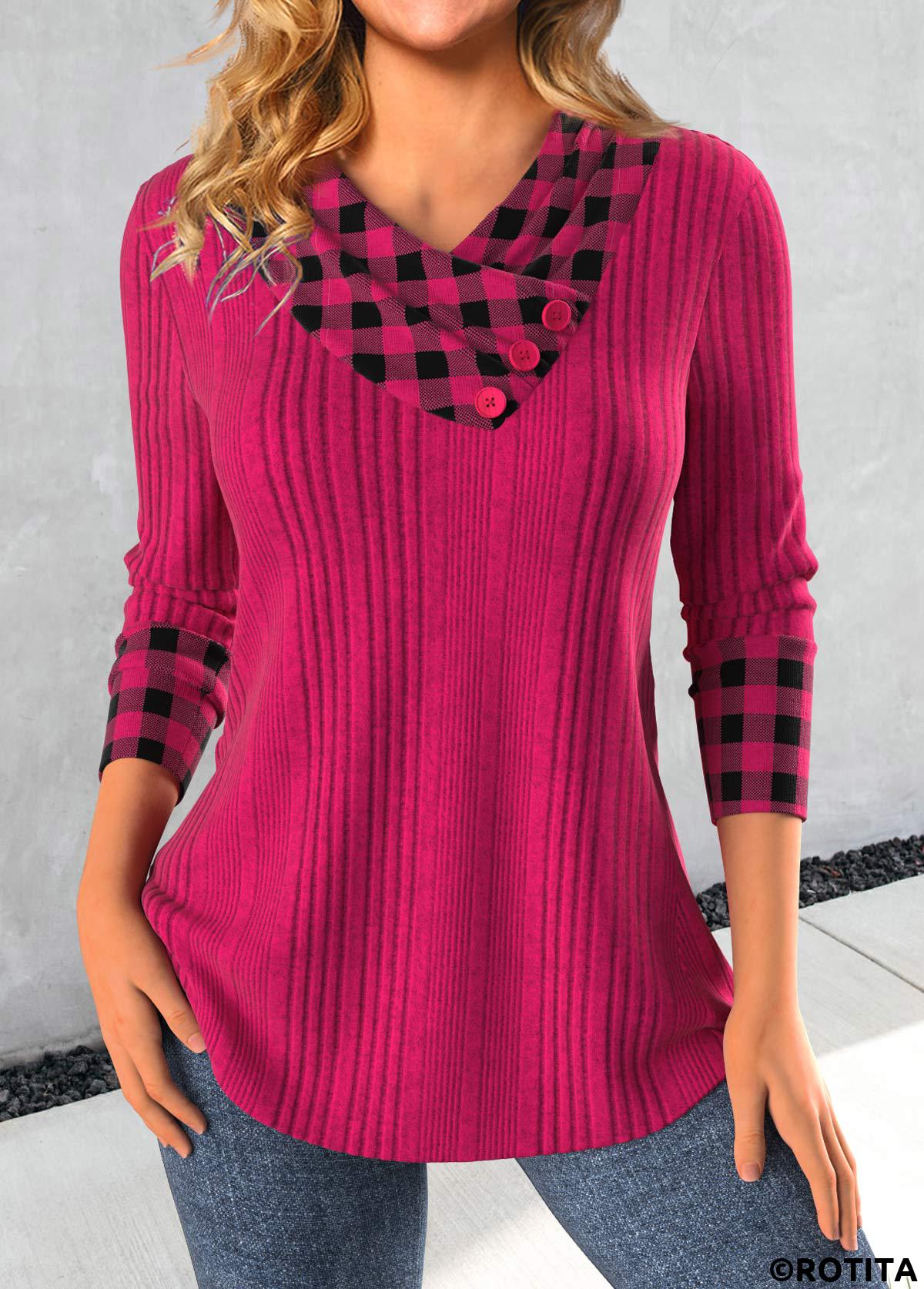 Hot Pink tops,Plaid tops,Striped tops,Geometric tops,ROTITA Patchwork Plaid Hot Pink Asymmetrical Neck Sweatshirt