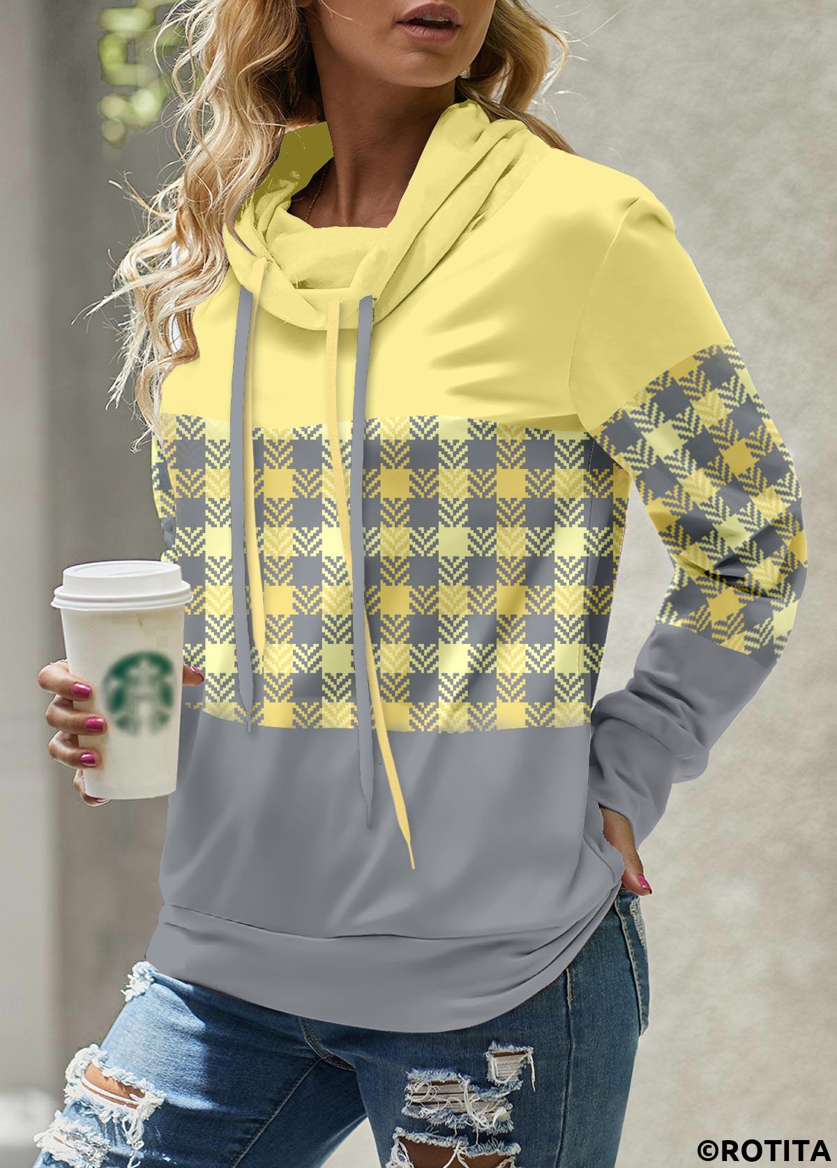 Light Yellow plus size,Grey plus size,Plaid plus size,Striped plus size,Geometric plus size,ROTITA Plus Size Patchwork Light Yellow Plaid Sweatshirt