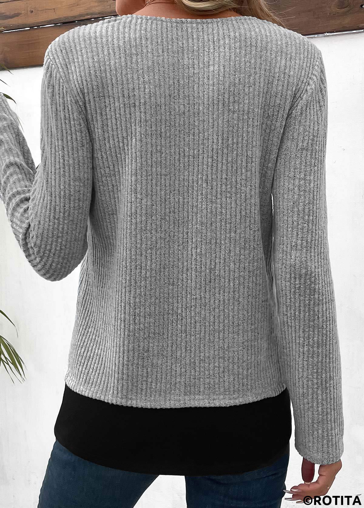 Light Grey Marl tops,Contrast Color tops,ROTITA Light Grey Marl Round Neck Fake Two Piece Twinset