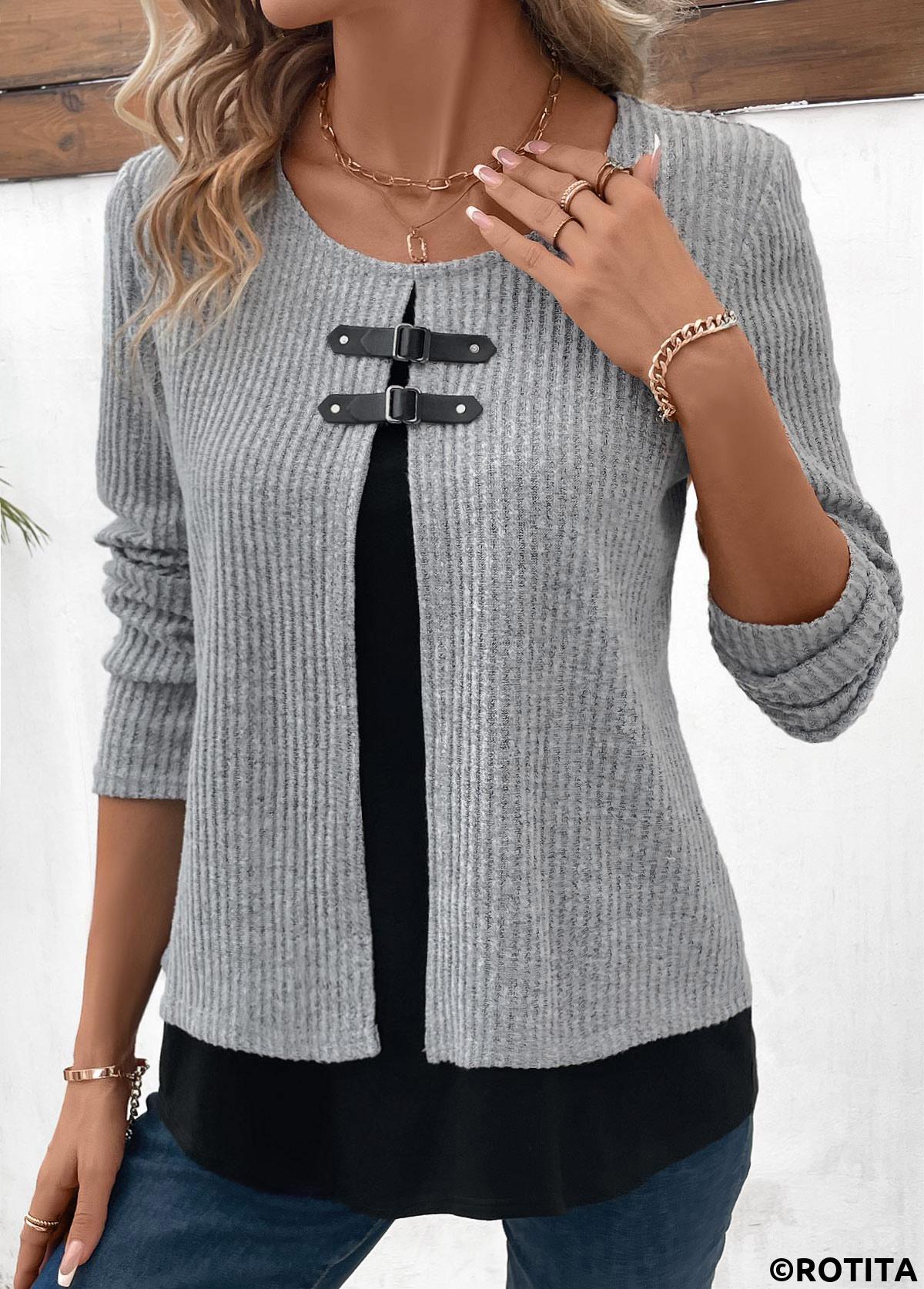 Light Grey Marl tops,Contrast Color tops,ROTITA Light Grey Marl Round Neck Fake Two Piece Twinset