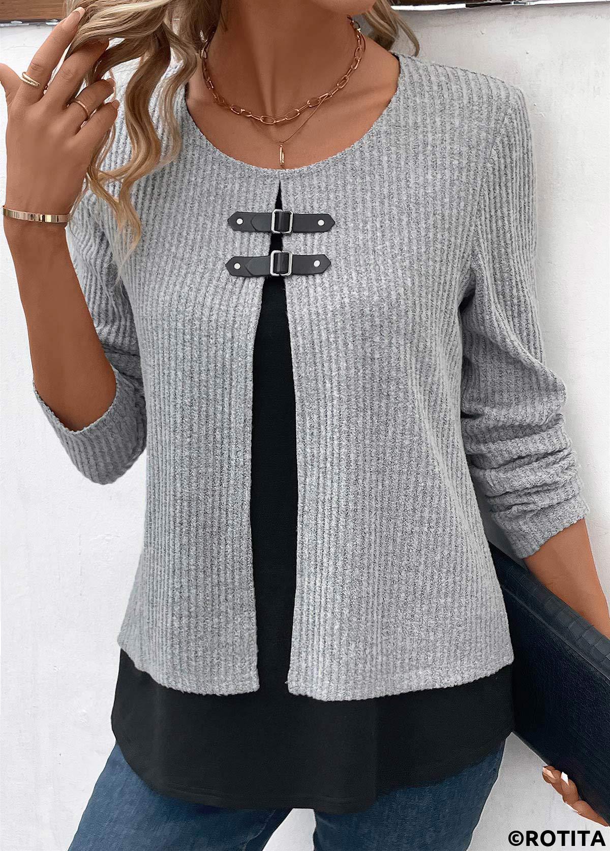 Light Grey Marl tops,Contrast Color tops,ROTITA Light Grey Marl Round Neck Fake Two Piece Twinset