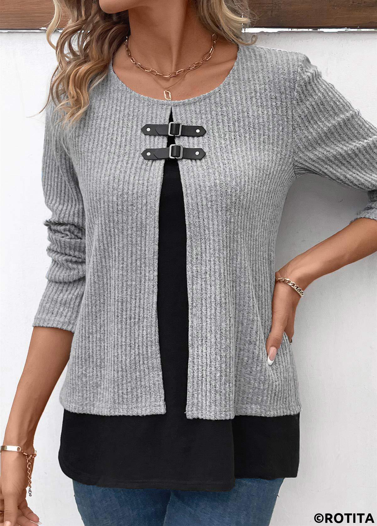 Light Grey Marl tops,Contrast Color tops,ROTITA Light Grey Marl Round Neck Fake Two Piece Twinset