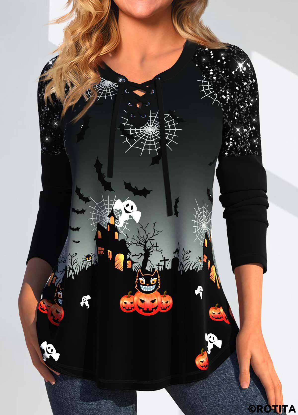 Black tops,Halloween tops,Animal Print tops,Ombre tops,Plants tops,ROTITA Patchwork Halloween Print Black T Shirt