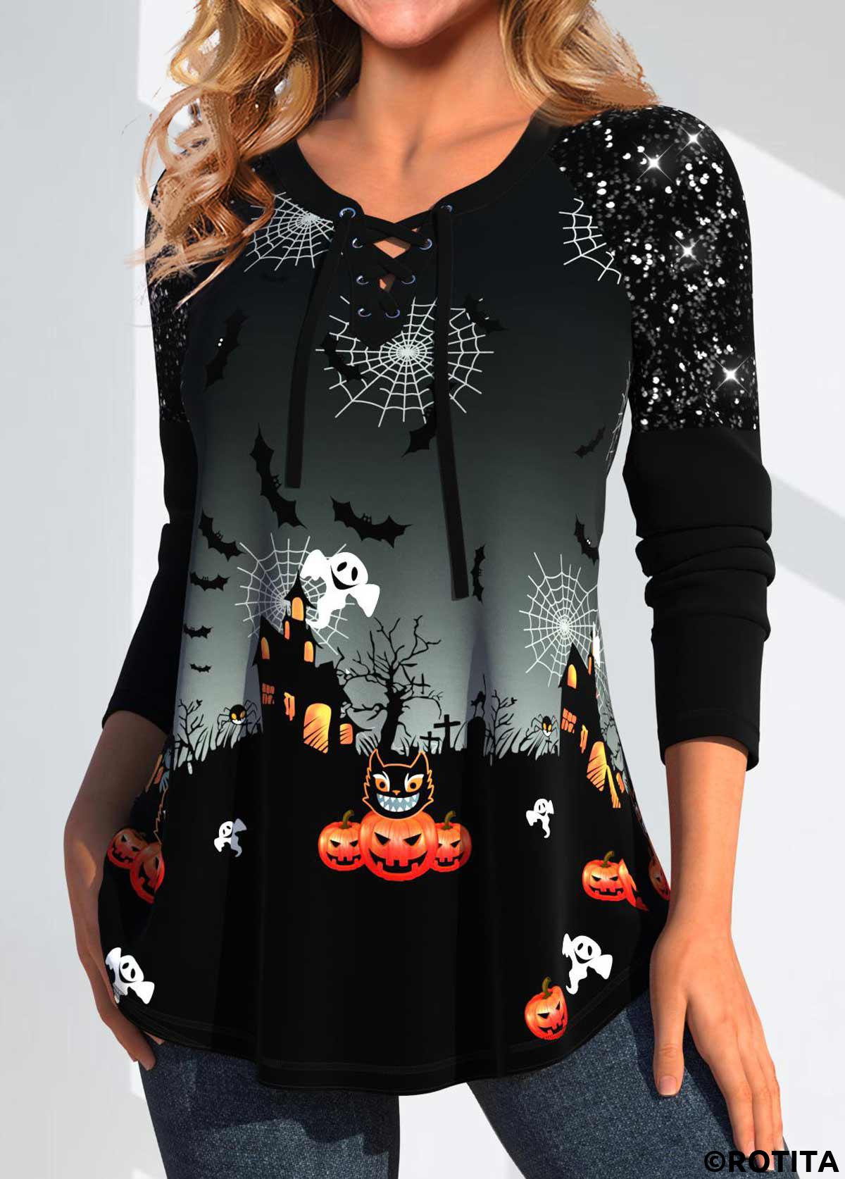 Black tops,Halloween tops,Animal Print tops,Ombre tops,Plants tops,ROTITA Patchwork Halloween Print Black T Shirt