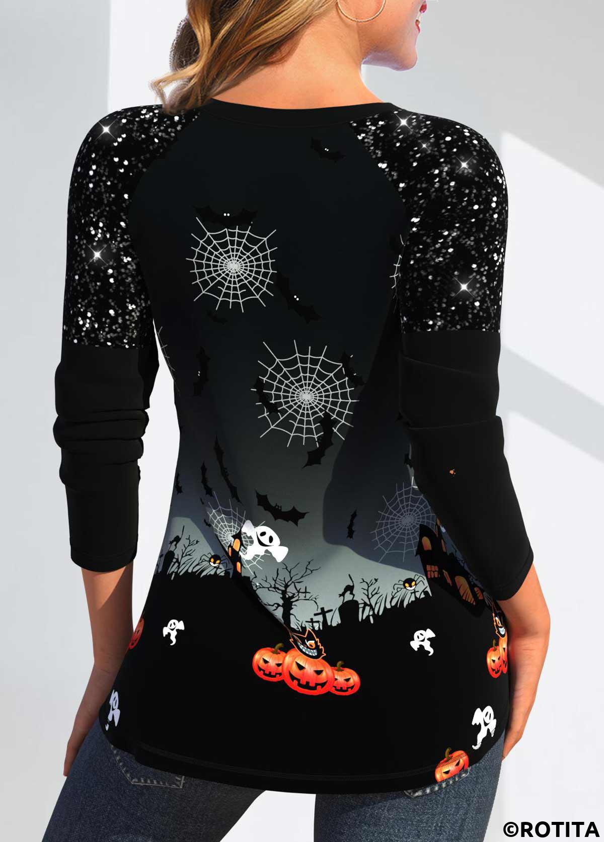 Black tops,Halloween tops,Animal Print tops,Ombre tops,Plants tops,ROTITA Patchwork Halloween Print Black T Shirt