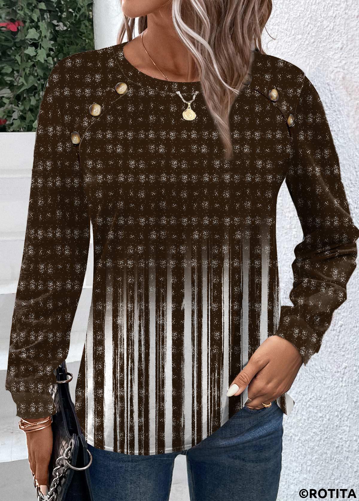 Dark Camel tops,Ombre tops,Striped tops,Geometric tops,ROTITA Button Ombre Dark Camel Round Neck T Shirt