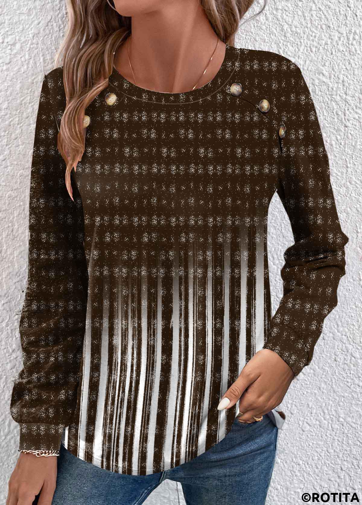 Dark Camel tops,Ombre tops,Striped tops,Geometric tops,ROTITA Button Ombre Dark Camel Round Neck T Shirt