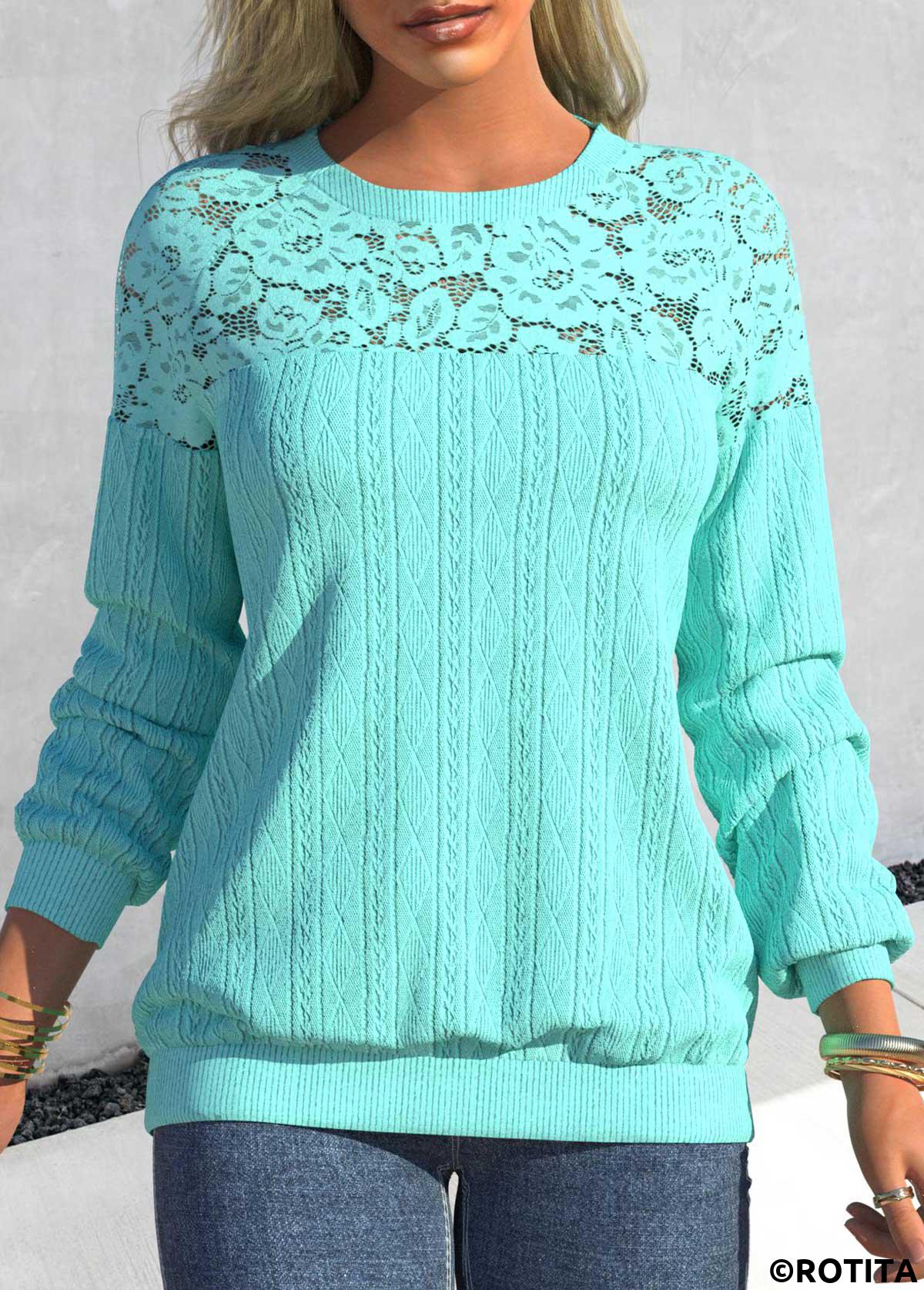 Cyan tops,Plain Color tops,ROTITA Patchwork Cyan Round Neck Long Sleeve Sweatshirt