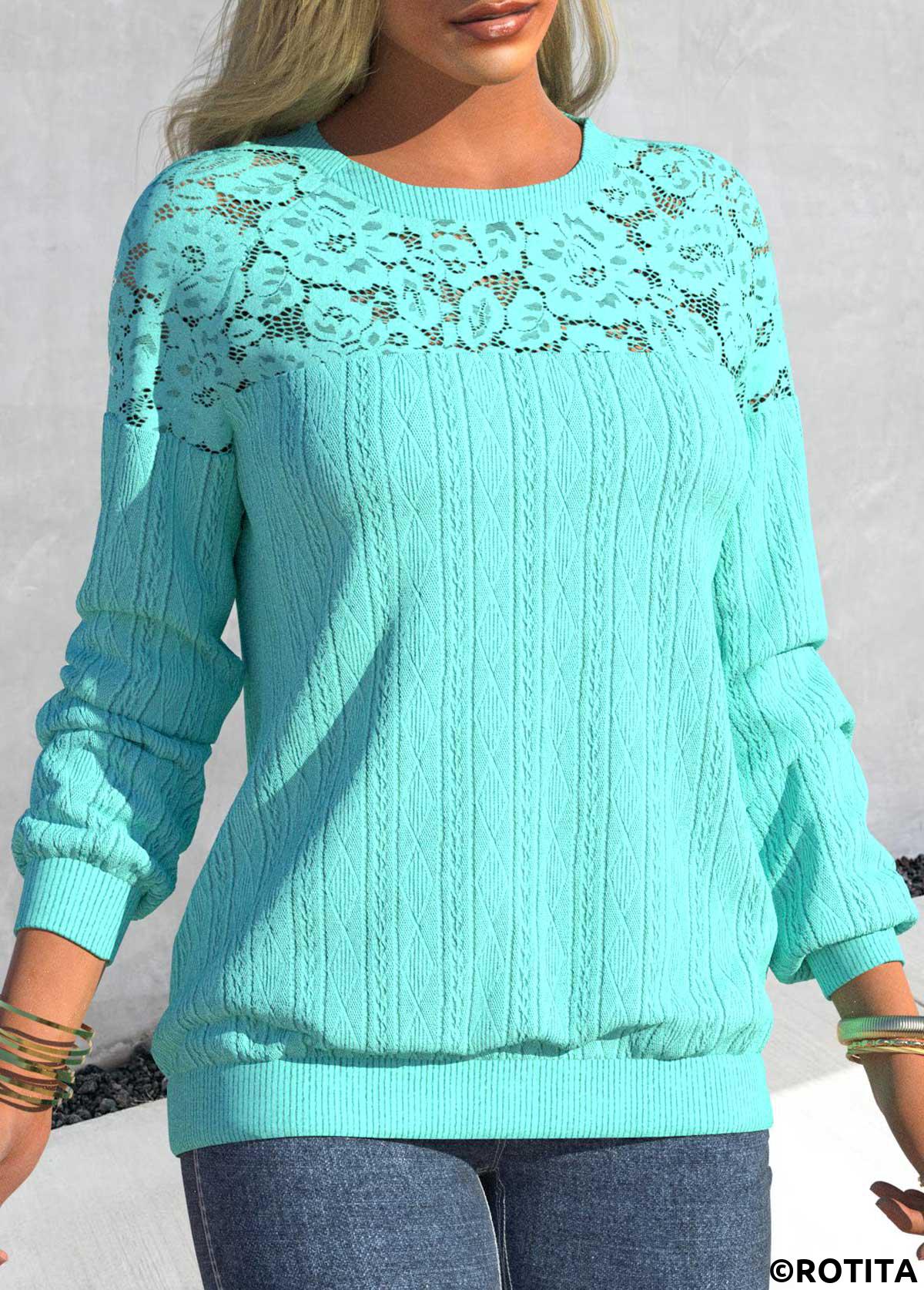 Cyan tops,Plain Color tops,ROTITA Patchwork Cyan Round Neck Long Sleeve Sweatshirt