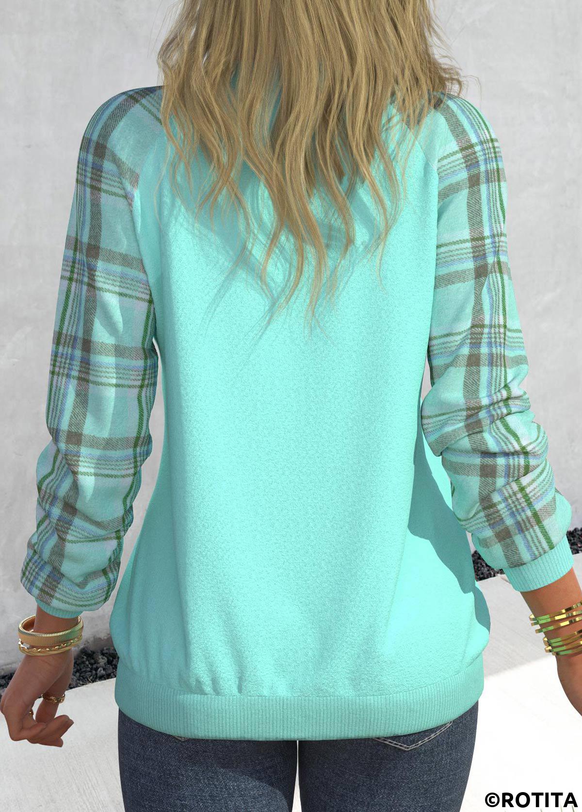 Cyan tops,Plaid tops,Striped tops,Geometric tops,ROTITA Patchwork Plaid Cyan V Neck Long Sleeve Sweatshirt