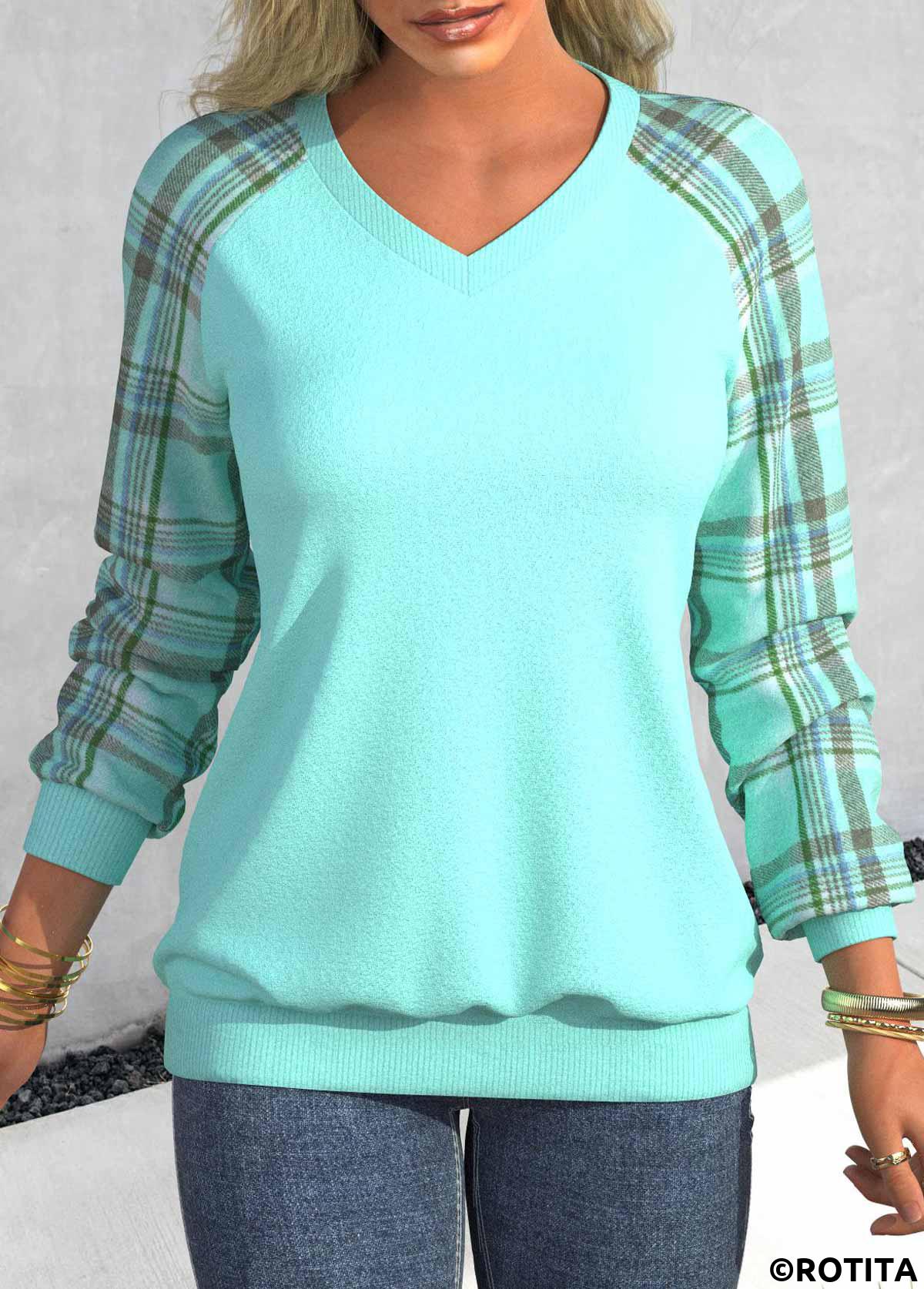 Cyan tops,Plaid tops,Striped tops,Geometric tops,ROTITA Patchwork Plaid Cyan V Neck Long Sleeve Sweatshirt