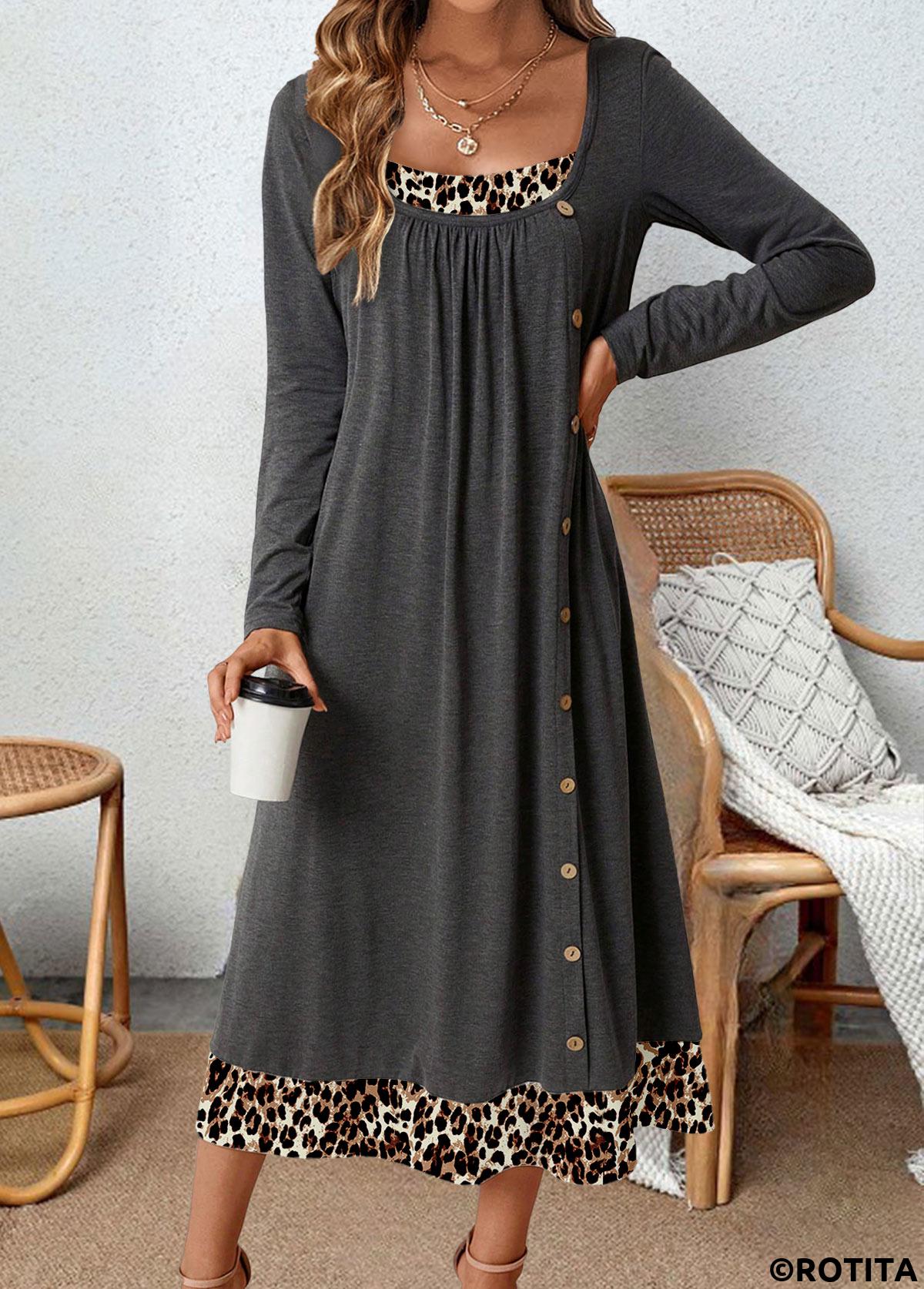Dark Grey plus size,Leopard plus size,ROTITA Plus Size Tummy Coverage Dark Grey Leopard Dress