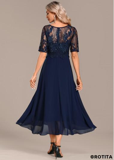 ROTITA Lace Navy Round Neck Short Sleeve Dress | Rotita.com - USD $62.98