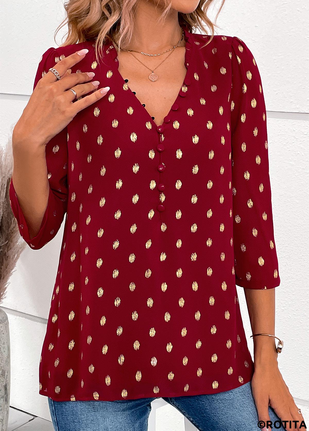 Wine Red tops,Plain Color tops,ROTITA Hot Stamping Wine Red V Neck Blouse