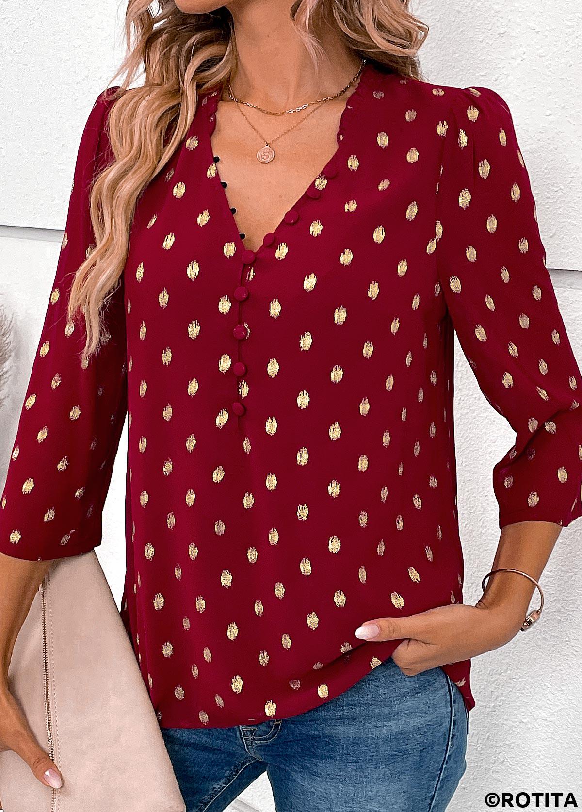 Wine Red tops,Plain Color tops,ROTITA Hot Stamping Wine Red V Neck Blouse