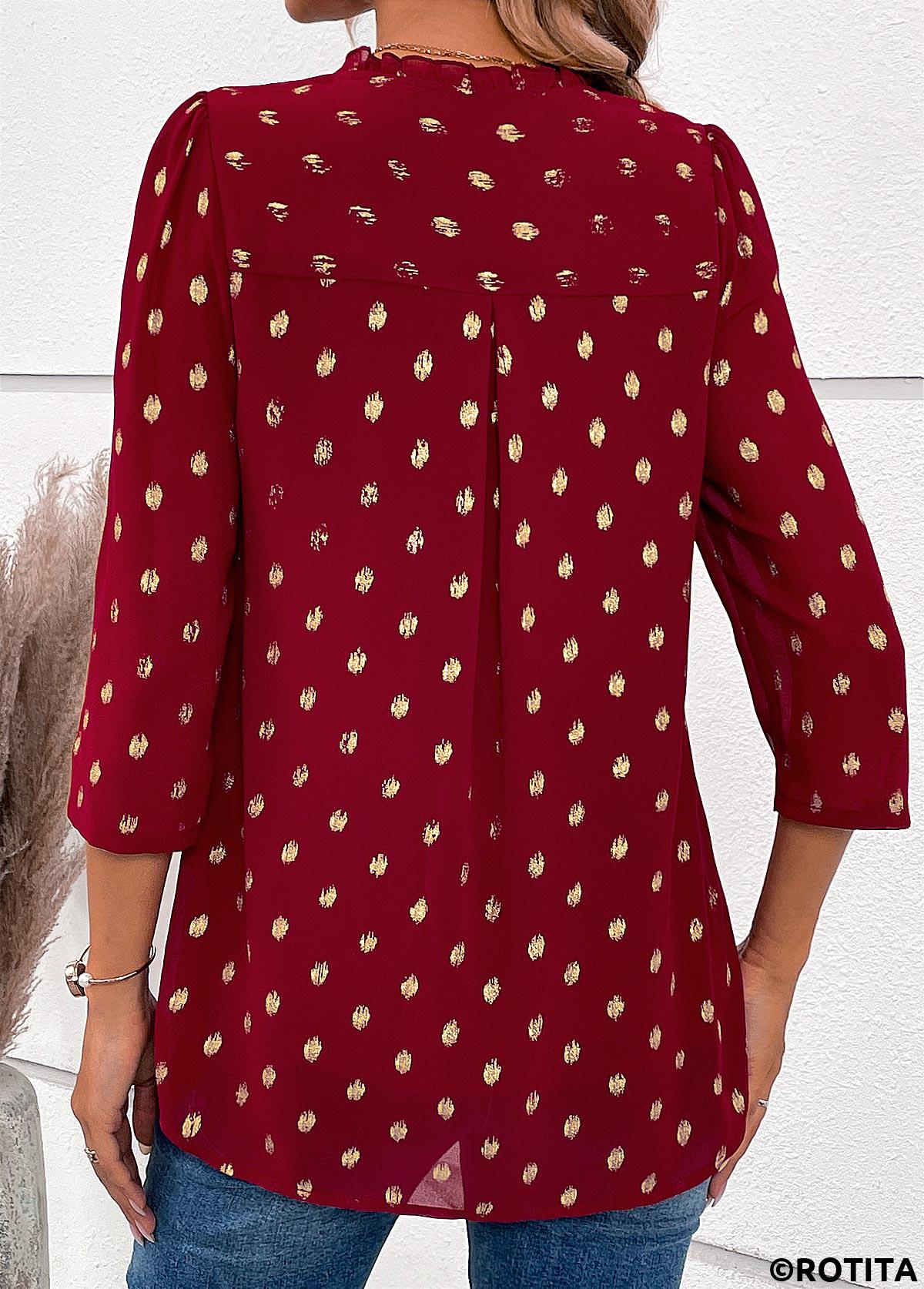Wine Red tops,Plain Color tops,ROTITA Hot Stamping Wine Red V Neck Blouse