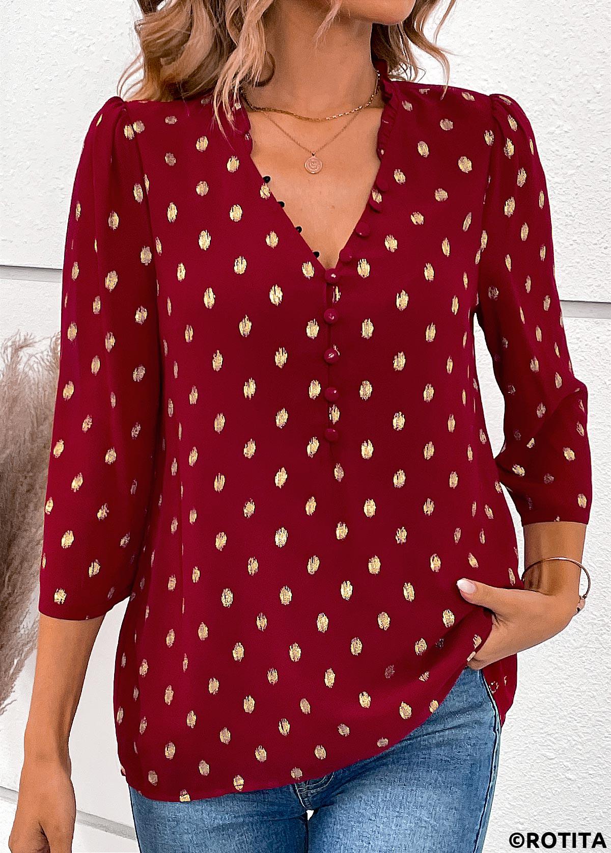 Wine Red tops,Plain Color tops,ROTITA Hot Stamping Wine Red V Neck Blouse
