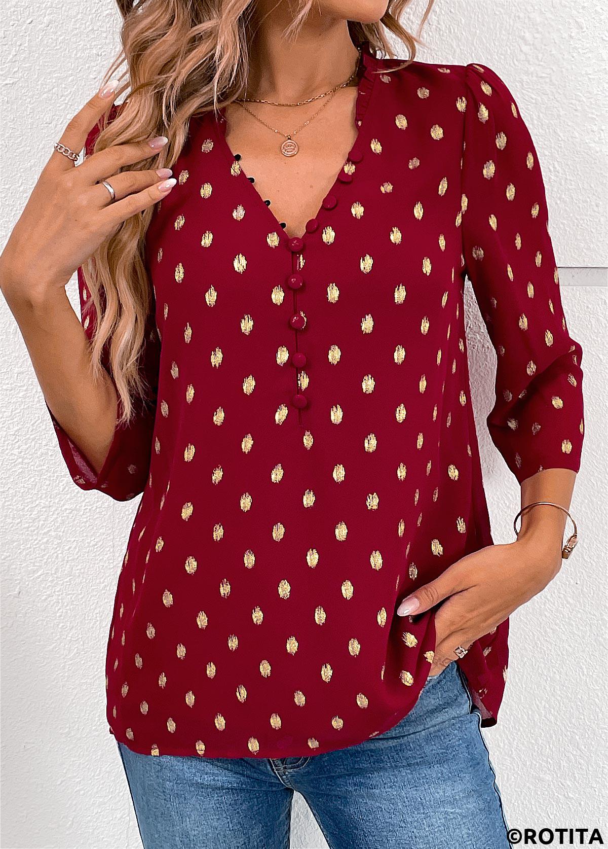 Wine Red tops,Plain Color tops,ROTITA Hot Stamping Wine Red V Neck Blouse