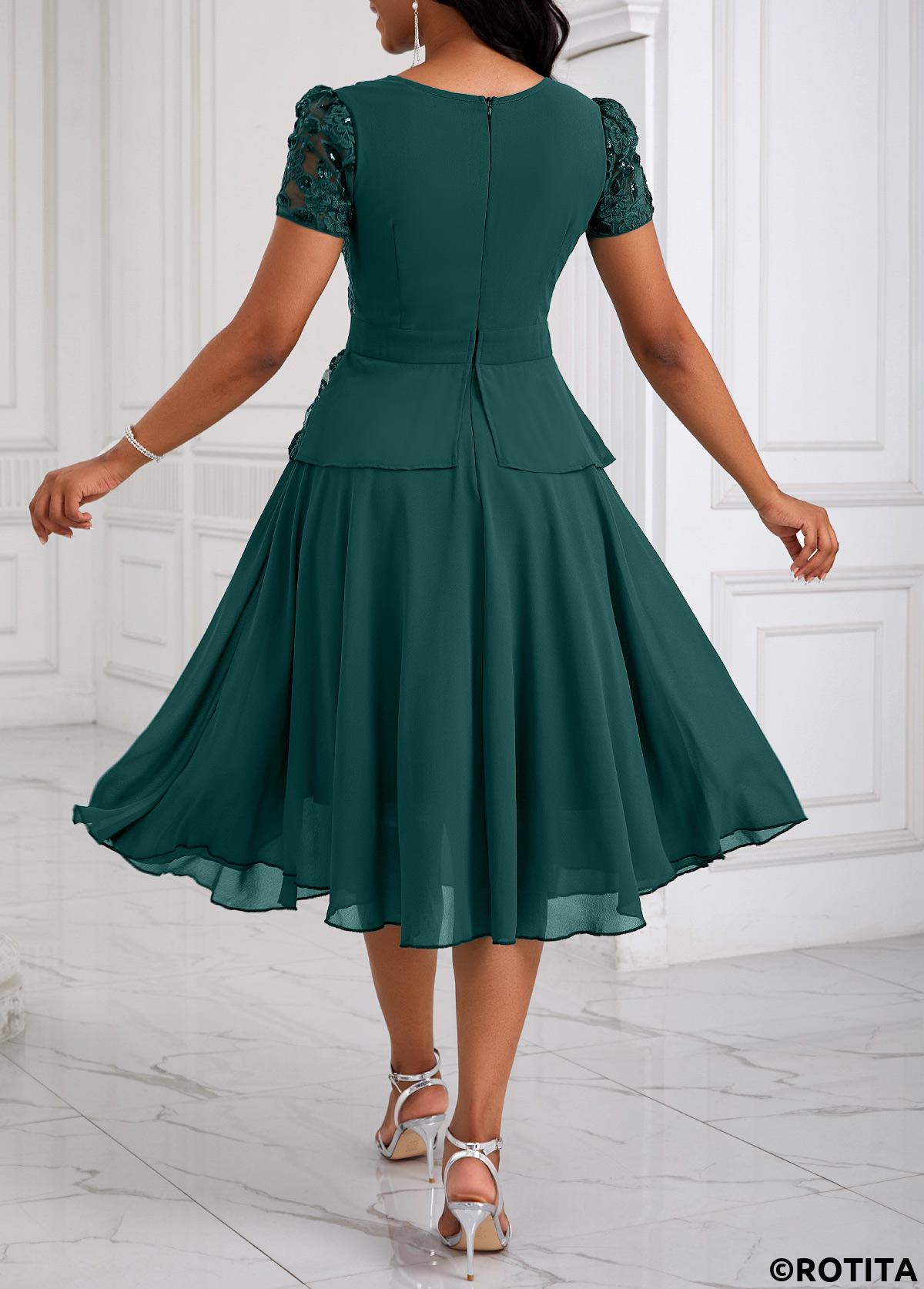 Blackish Green dresses,Plain Color dresses,Party dresses,Elegant dresses,ROTITA Lace Patchwork V Neck Blackish Green Dress
